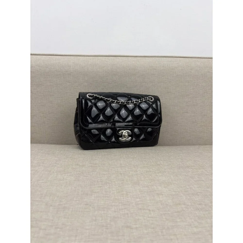 CHANEL Black Patent Leather Classic Flap Small SHW
